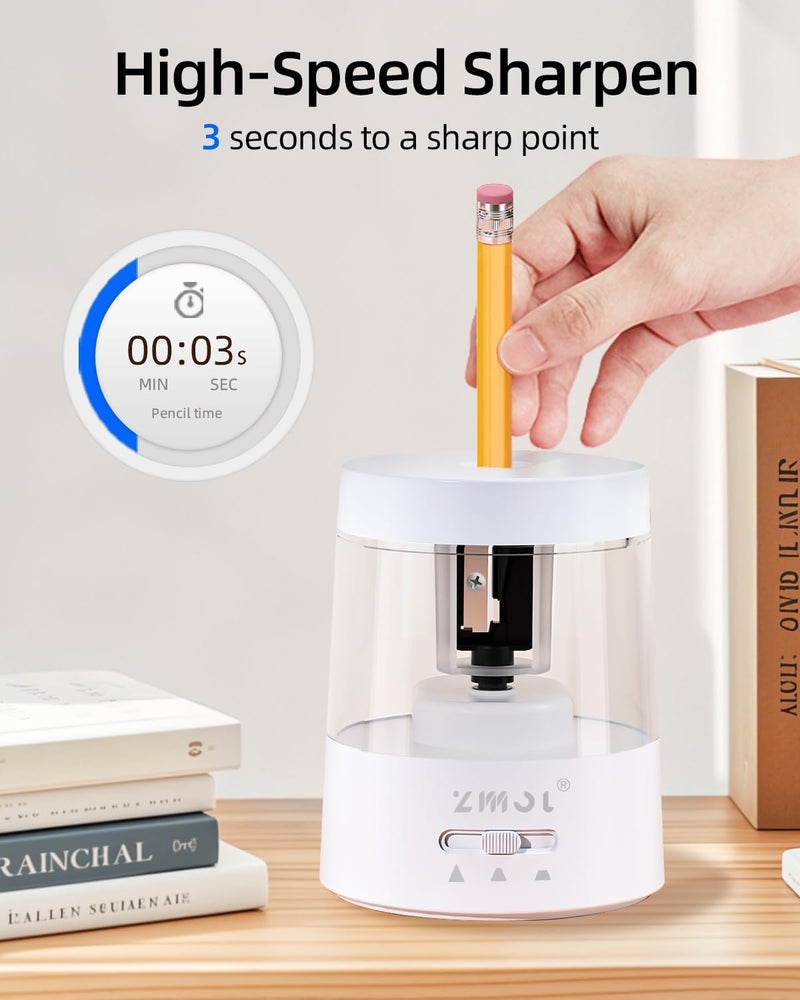 Zmol Electric Pencil Sharpener - Battery/USB Powered, 3 Sharpening Modes, for No.2 & Colored Pencils, White - Image 5